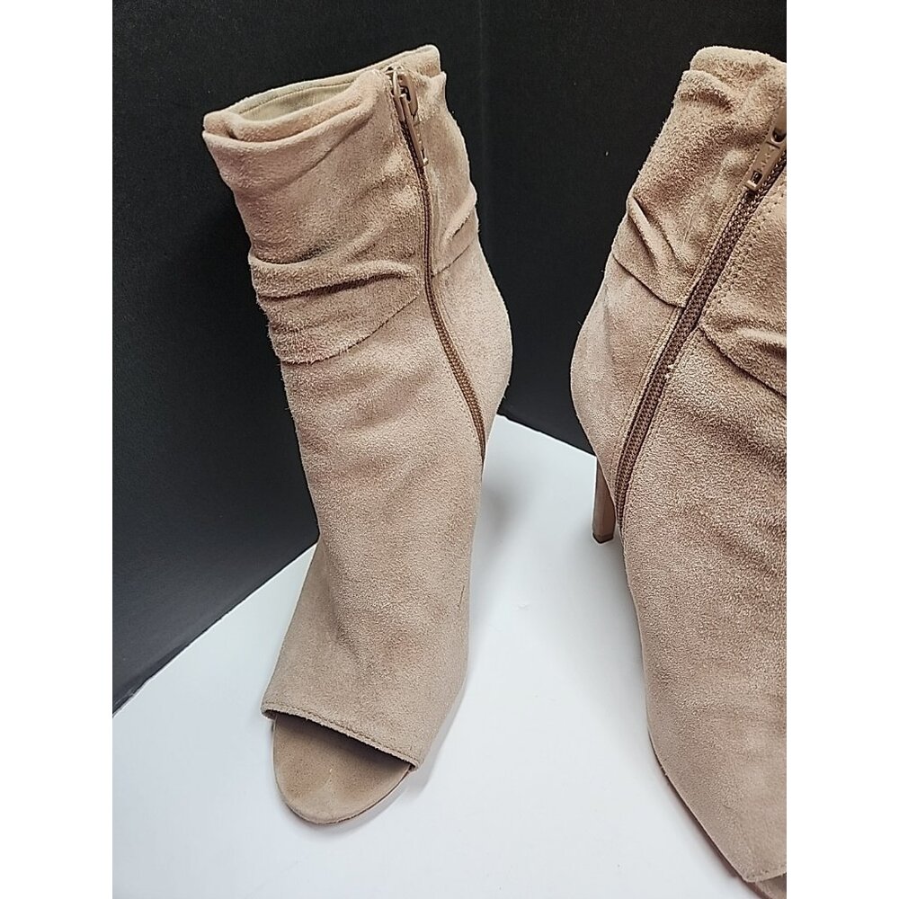 Vince Camuto Tan Suede Leather Open Toe heeled Short Boots Ruched Sz 8.5 M - Picture 2 of 9